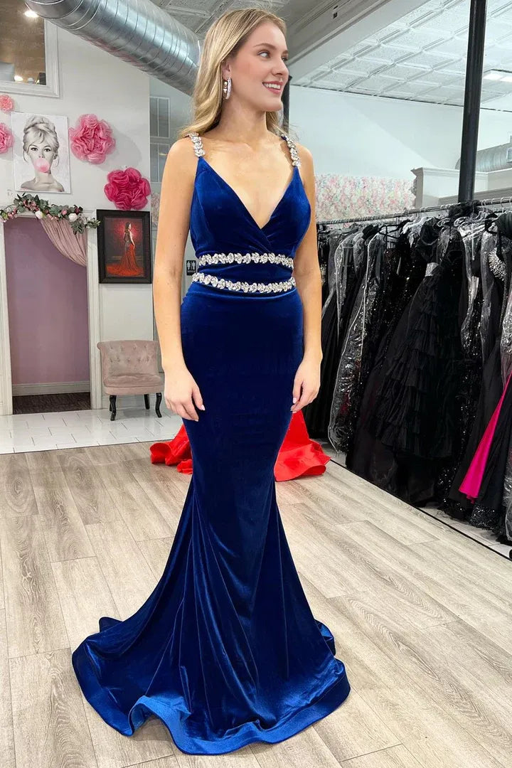 Royal Blue Velvet V-Neck Beaded Strap Mermaid Long Formal Dress Prom Dress